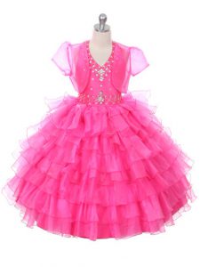 Ball Gowns Child Pageant Dress Hot Pink Halter Top Organza Sleeveless Floor Length Lace Up