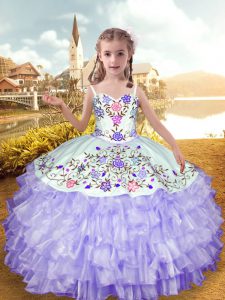 Superior Floor Length Lavender Kids Formal Wear Organza and Taffeta Sleeveless Embroidery and Ruffled Layers