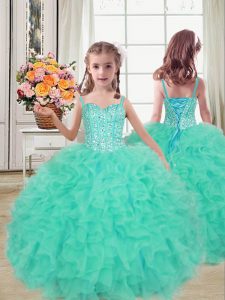 Fashion Floor Length Turquoise Pageant Gowns For Girls Straps Sleeveless Lace Up
