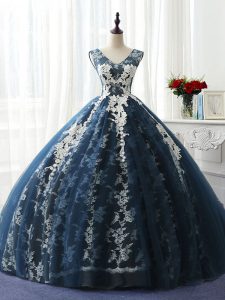 Lovely Organza and Taffeta and Chiffon and Tulle Scoop Sleeveless Lace Up Ruffles and Pattern Vestidos de Quinceanera in Navy Blue