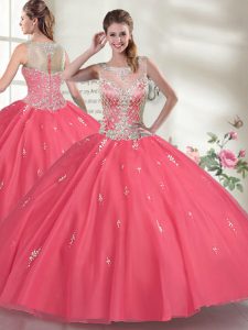 Scoop Sleeveless 15th Birthday Dress Floor Length Beading Hot Pink Organza