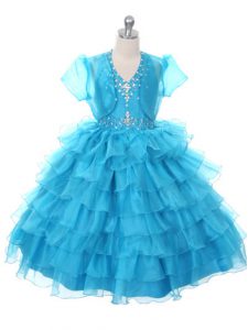 Attractive Organza Sleeveless Floor Length Little Girls Pageant Dress and Beading and Ruffled Layers and Bowknot