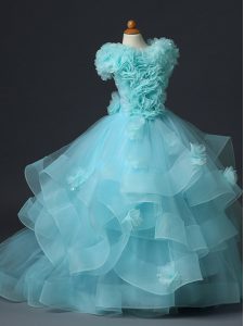 Lovely Aqua Blue Tulle Lace Up High-neck Sleeveless Floor Length Girls Pageant Dresses Ruffles and Hand Made Flower