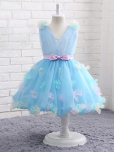 Charming Knee Length Baby Blue Little Girls Pageant Gowns Scoop Sleeveless Zipper