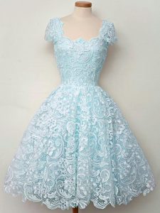 Straps Cap Sleeves Quinceanera Court of Honor Dress Knee Length Lace Aqua Blue Lace
