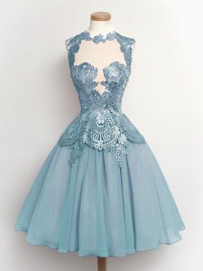 Modern A-line Quinceanera Court of Honor Dress Light Blue High-neck Chiffon Sleeveless Knee Length Lace Up