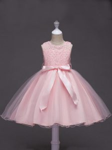Scoop Sleeveless Kids Pageant Dress Knee Length Lace and Belt Baby Pink Tulle