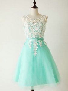 Turquoise A-line Scoop Sleeveless Tulle Knee Length Lace Up Lace Quinceanera Court Dresses