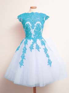 Knee Length Lace Up Quinceanera Dama Dress Blue And White for Prom and Party and Wedding Party with Appliques