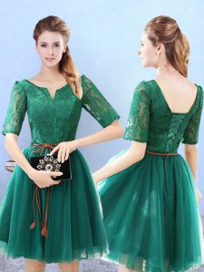 Admirable Knee Length Green Court Dresses for Sweet 16 Tulle Half Sleeves Lace