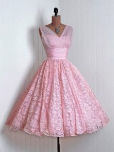 Stunning Baby Pink Quinceanera Court of Honor Dress Prom and Party and Wedding Party with Lace V-neck Sleeveless Lace Up