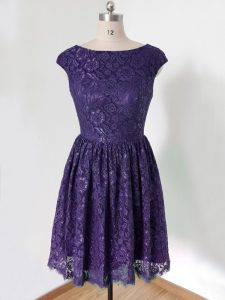Purple Scoop Neckline Lace Damas Dress Cap Sleeves Lace Up