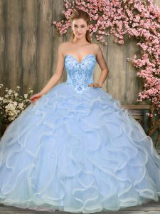 Sleeveless Floor Length Beading and Ruffles Lace Up Vestidos de Quinceanera with Light Blue