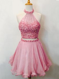 Pink Two Pieces Organza Halter Top Sleeveless Beading Knee Length Lace Up Dama Dress for Quinceanera
