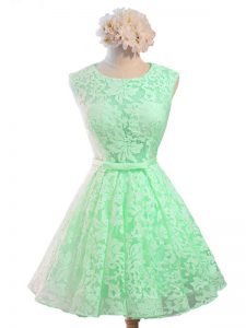 Glittering Sleeveless Knee Length Belt Lace Up Dama Dress for Quinceanera with Apple Green