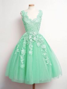 Apple Green Sleeveless Lace Knee Length Court Dresses for Sweet 16