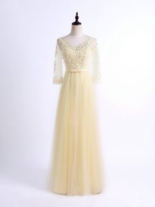 Light Yellow Half Sleeves Floor Length Lace Lace Up Dama Dress
