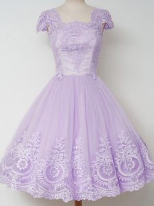 Superior Lavender Vestidos de Damas Prom and Party and Wedding Party with Lace Square Cap Sleeves Zipper
