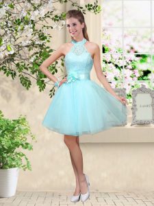 Custom Fit Aqua Blue Quinceanera Court of Honor Dress Prom and Party with Lace and Belt Halter Top Sleeveless Lace Up