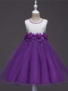 Ball Gowns Girls Pageant Dresses Purple Scoop Tulle Sleeveless Knee Length Zipper