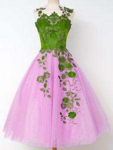 Graceful Lilac Sleeveless Appliques Knee Length Dama Dress