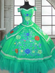 Modern Green Ball Gowns Beading and Embroidery Sweet 16 Quinceanera Dress Lace Up Taffeta Short Sleeves Floor Length