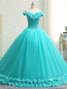 Aqua Blue Ball Gown Prom Dress Tulle Court Train Sleeveless Hand Made Flower