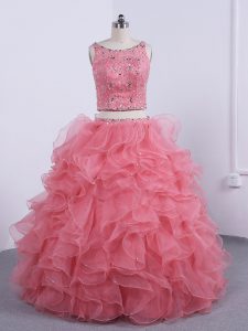 Sleeveless Organza Floor Length Zipper Sweet 16 Quinceanera Dress in Watermelon Red with Beading and Ruffles