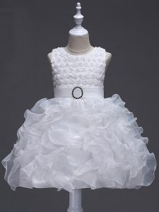Custom Fit White Organza Lace Up Little Girl Pageant Gowns Sleeveless Knee Length Ruffles and Belt