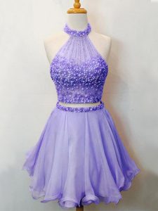 Luxurious Knee Length Lavender Quinceanera Court of Honor Dress Halter Top Sleeveless Lace Up