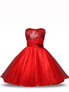 Custom Designed Knee Length Red Girls Pageant Dresses Organza Sleeveless Sequins and Hand Made Flower