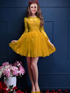 Superior Mini Length Gold Dama Dress for Quinceanera Scalloped 3 4 Length Sleeve Lace Up