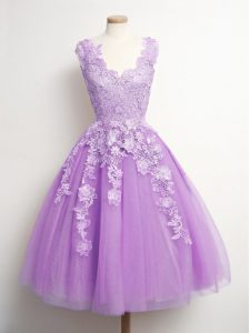 Lilac A-line Appliques Court Dresses for Sweet 16 Lace Up Tulle Sleeveless Knee Length
