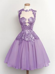 Lavender A-line Lace Dama Dress for Quinceanera Lace Up Chiffon Sleeveless Knee Length