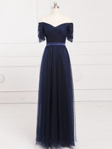 Ruching Dama Dress for Quinceanera Navy Blue Lace Up Short Sleeves Floor Length