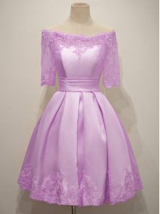 Knee Length Lace Up Damas Dress Lilac for Prom and Party and Wedding Party with Lace