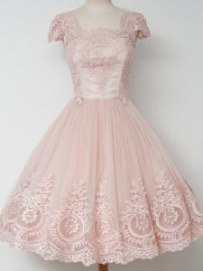 Peach Cap Sleeves Lace Knee Length Dama Dress for Quinceanera