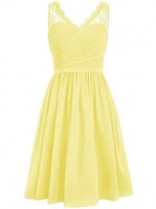 Superior Yellow Side Zipper Quinceanera Dama Dress Lace and Ruching Sleeveless Knee Length