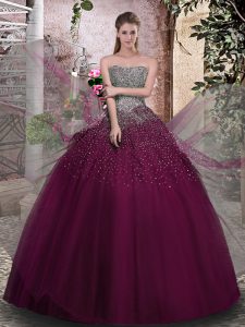 Dazzling Purple Strapless Lace Up Beading Quinceanera Gown Sleeveless