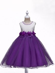 Enchanting Purple Ball Gowns Lace and Hand Made Flower Kids Formal Wear Zipper Organza Sleeveless Knee Length