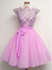 Lilac A-line Lace and Belt Quinceanera Dama Dress Lace Up Chiffon Cap Sleeves Knee Length