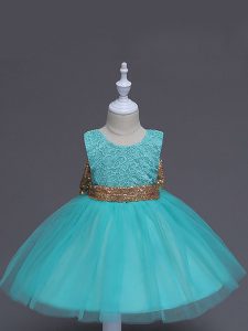 Affordable Knee Length Aqua Blue Little Girl Pageant Dress Tulle Sleeveless Lace and Bowknot