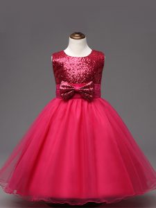 Scoop Sleeveless Kids Pageant Dress Tea Length Sequins and Bowknot Hot Pink Organza