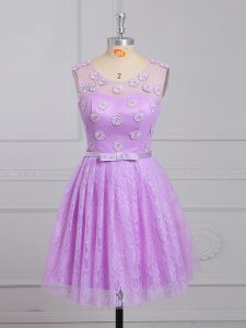 Free and Easy Lilac Sleeveless Appliques and Belt Mini Length Dama Dress