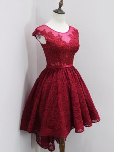 Exquisite Cap Sleeves High Low Beading and Lace Zipper Dama Dress for Quinceanera with Wine Red