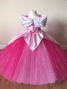 Top Selling Fuchsia Tulle Zipper Little Girl Pageant Dress Short Sleeves Floor Length Sequins