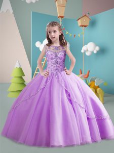 Beading Kids Pageant Dress Lavender Lace Up Sleeveless Brush Train