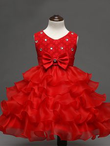 Knee Length Red Little Girls Pageant Dress Wholesale Scoop Sleeveless Zipper