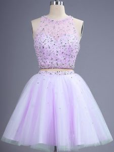 Stylish Two Pieces Quinceanera Court of Honor Dress Lavender Scoop Tulle Sleeveless Knee Length Lace Up