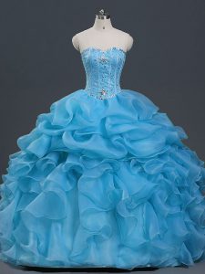 Glamorous Baby Blue Lace Up Sweetheart Beading and Ruffles and Pick Ups Quinceanera Dresses Organza Sleeveless